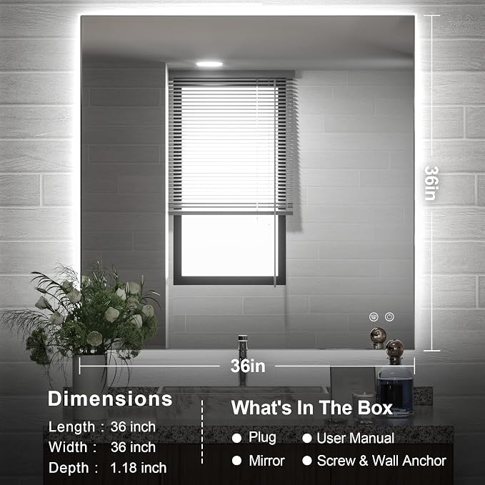 TETOTE 36 x 36 Inch LED Backlit Mirror - Image 6