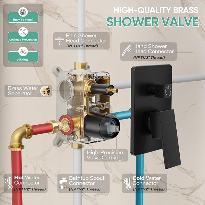 Black Shower System with Tub Spout, All Metal Tub Shower Faucet Set with 10" - Image 6