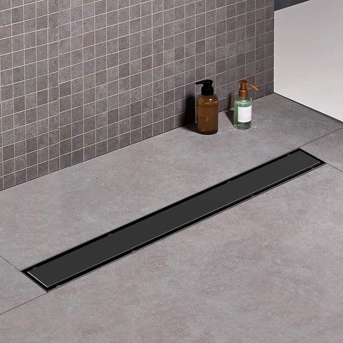 Offset Linear Shower Drain, Brushed 304 Stainless Steel Side Outlet Black - Image 3