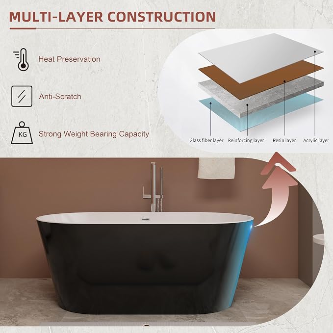 Black 67 inch Freestanding Soaking Bathtub, WHALEKING Modern Stand Alone Free - Image 4