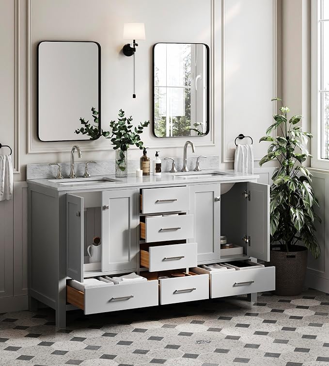ARIEL Cambridge 61 Inch Grey Bathroom Vanity Double Sink, Solid Wood, Carrara - Image 3