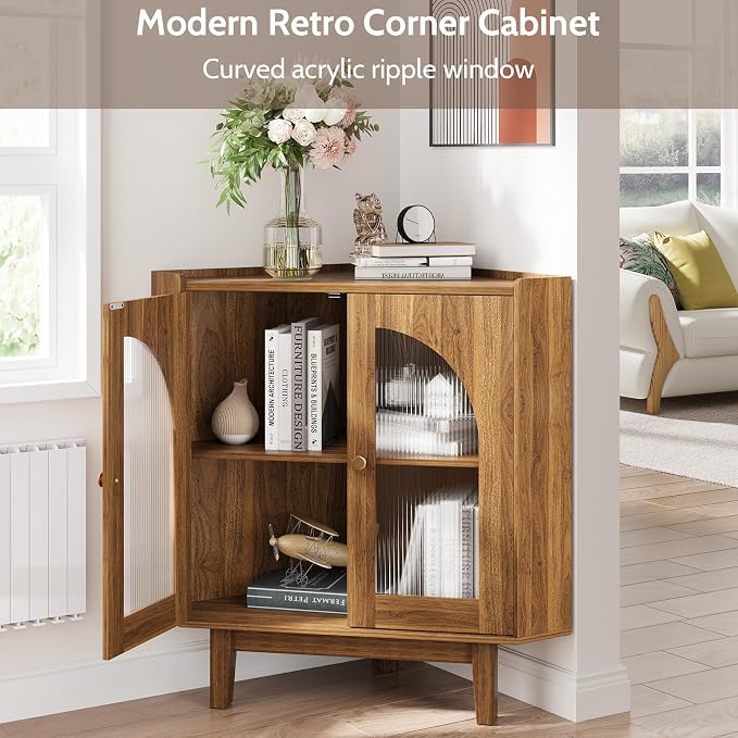 Floor Corner Cabinet with Doors and Shelves, Fluted Storage Cabinet - Image 3