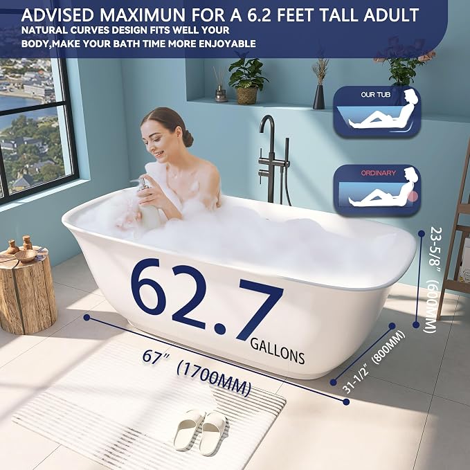 67" Acrylic Free Standing Tub, Stand Alone Tub, Freestanding Bathtub, Soaking - Image 3