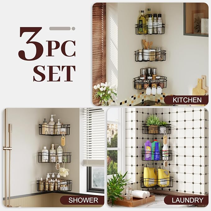 Black corner shower caddy with depth caddy and Built in 12 hooks rustproof wall - Image 3