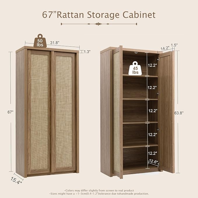 Yechen 67" Tall Kitchen Pantry Cabinet, Rattan Storage Cabinet - Image 2