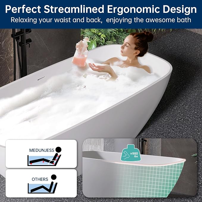 59'' Freestanding Bathtub Resin Stone Deep Soaking Tubs Solid Surface Matte Tub - Image 8