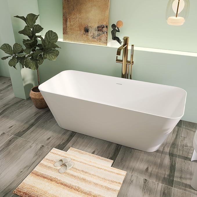67" Premium Solid Surface Stone Resin Freestanding Bathtub, Matte White Stand - Image 2