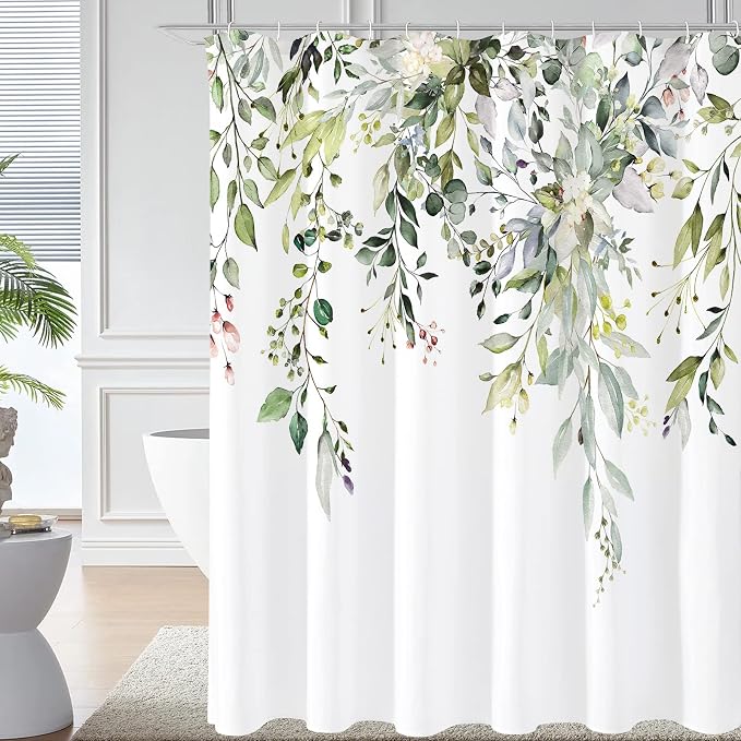 Gibelle Long Shower Curtain 72 x 78, Tall Sage Green Floral Fabric Shower by Gibelle