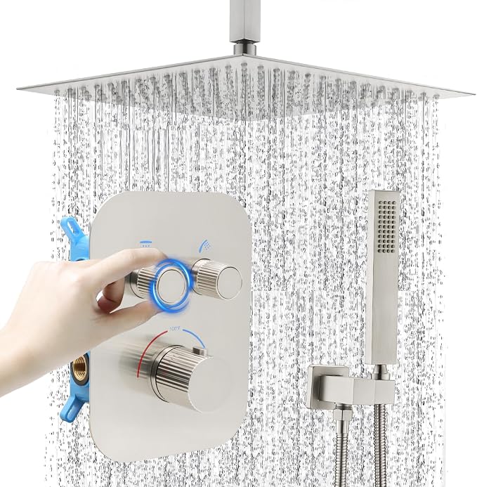 Thermostatic Shower System 16 Inch Ceiling Mount Brushed Nickel Shower Luxury by Backnets