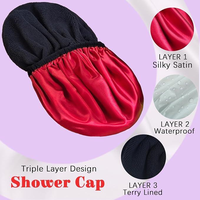 Shower Cap Reusable Waterproof, Terry Lined Shower Caps - Image 2
