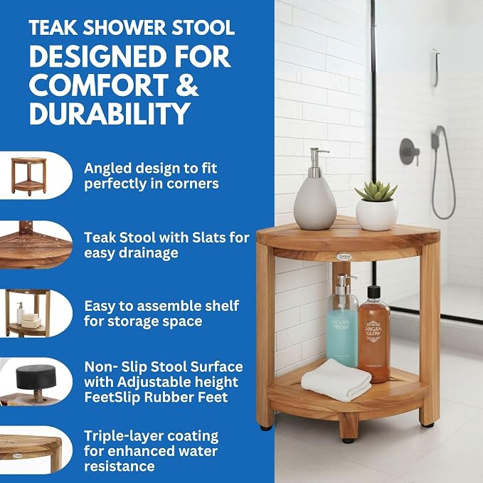 DecoTeak Teak Corner Shower Shelf – 2 Tier Waterproof Bathroom Storage - Image 2