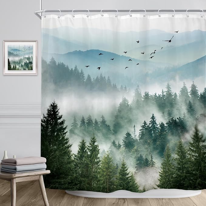 Riyidecor Long Green Shower Curtain 72Wx78H Inch Mountain Scenery Natural Pine - Image 3