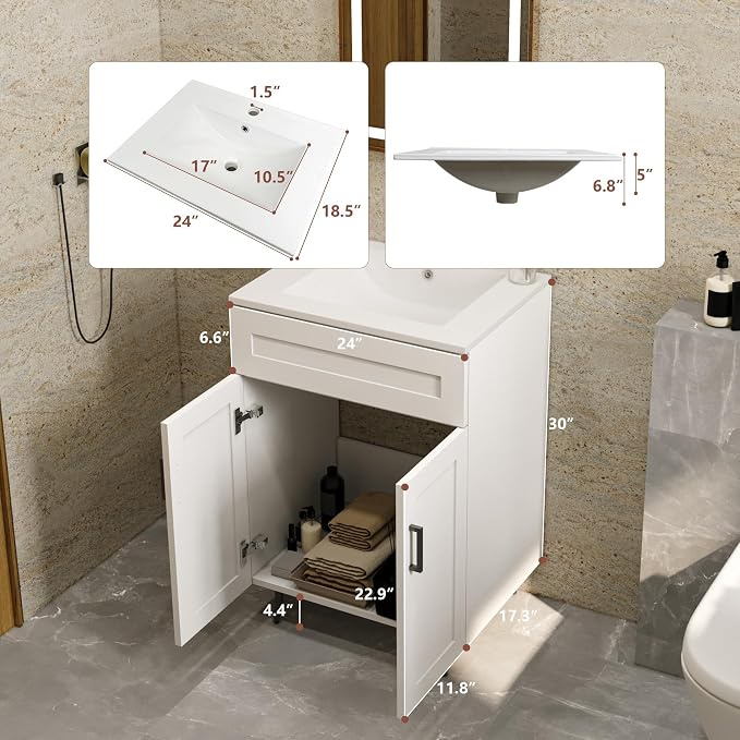 24" Bathroom Vanity with Sink, Freestanding Wooden Bathroom Vanity with 2 Doors - Image 2