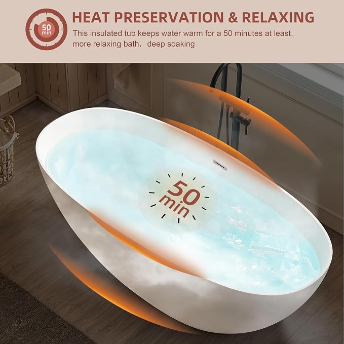 55 inch Freestanding Bathtub, Modern Soaking Stand Alone Bathtubs, Free - Image 5