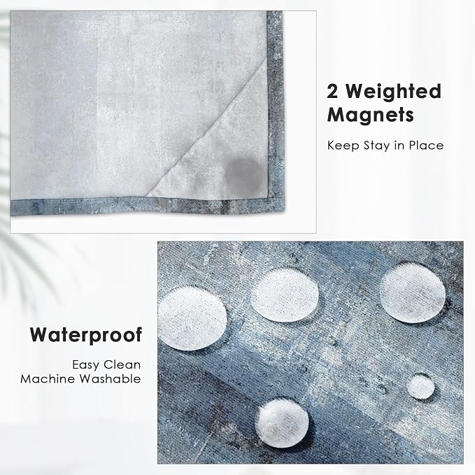 No Hook Grey Navy Blue Painting Shower Curtain - Image 5