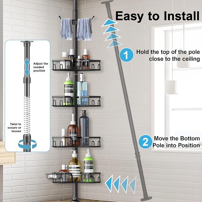 Corner Shower Caddy Tension Pole, 39-113 inch Adjustable Rustproof Floor - Image 7