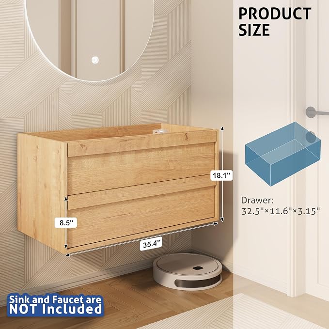 eclife 36" Floating Bathroom Vanity Sink Combo, Wall Mounted Modern Minimalist - Image 2