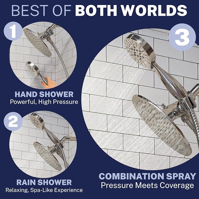 HammerHead Showers Dual Shower Head Combo, 8-Inch Rainfall & 3-Flow Handheld - Image 3
