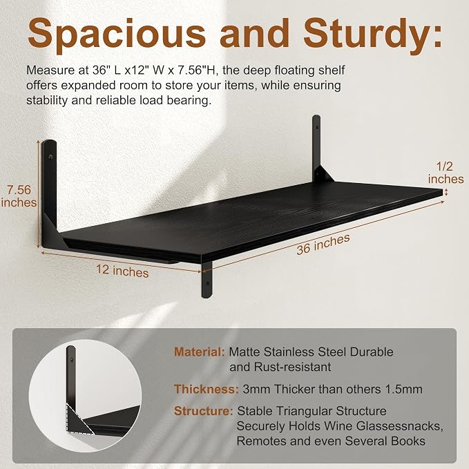 36 Inch Black Floating Shelves Wall Mounted, 12 Inch Deep Wall Shelves - Image 3