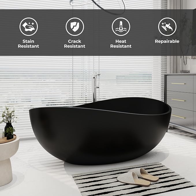 SJ STAR&JANE 63" x 38" Solid Surface Freestanding Bathtub, Oval Soaking Tub - Image 4