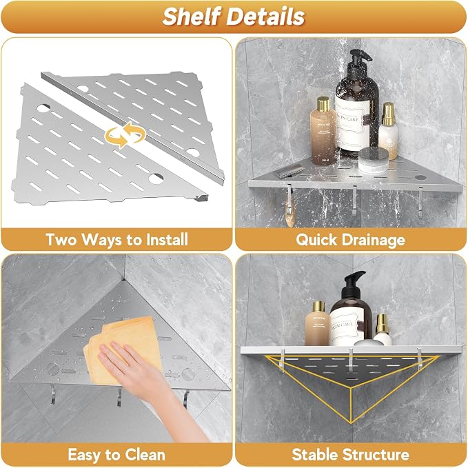 Corner Shower Shelf 10" Silver 304 Stainless Steel Recessed Shelf - Image 6