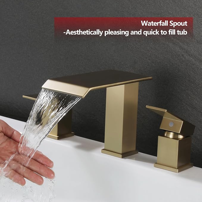 Roman Tub Faucet Two Handle Waterfall Spout Brushed Gold 3 Hole Bathtub Faucet - Image 3