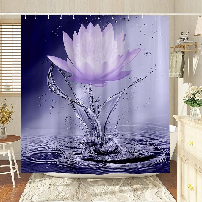 Lotus Shower Curtain Black White Violet Flower Elegant Blooming Floral - Image 3