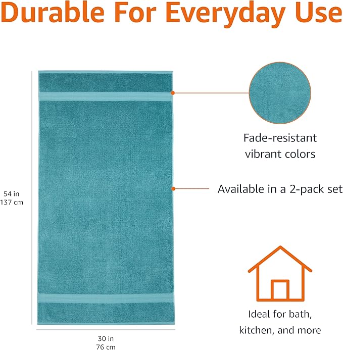 Amazon Basics Fade-Resistant 100% Cotton Bath Towel, 2 Pack, Teal Green - Image 3