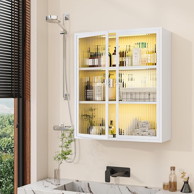Bathroom Wall Cabinet with Glass Doors, Metal Medicine Cabinet with LED Light - Image 2