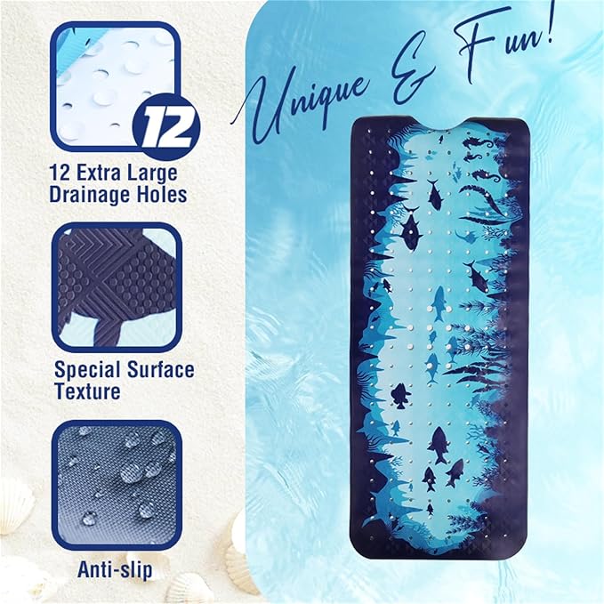 Blue Bathtub Mat Non Slip 40x16in Extra Long Bath Mat - Image 3