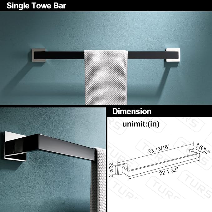TURS 5-Piece Bathroom Hardware Set Matte Black and Polished Chrome Towel Bar - Image 5