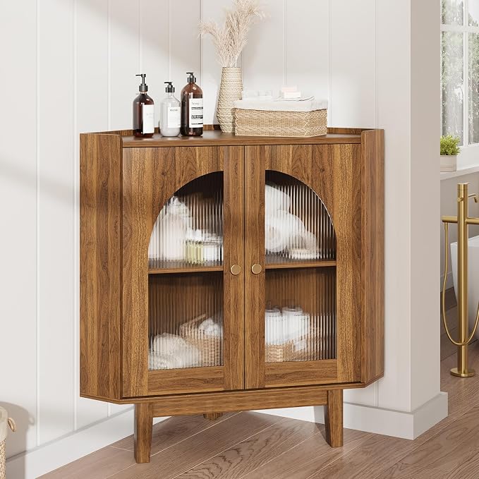 Floor Corner Cabinet with Doors and Shelves, Fluted Storage Cabinet by vividwood
