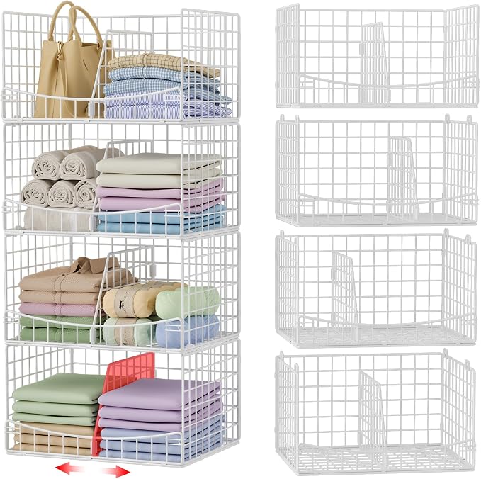 Divided 4-Tier Stackable Closet Organizers and Storage Basket, Foldable Closet by Hongtamoya