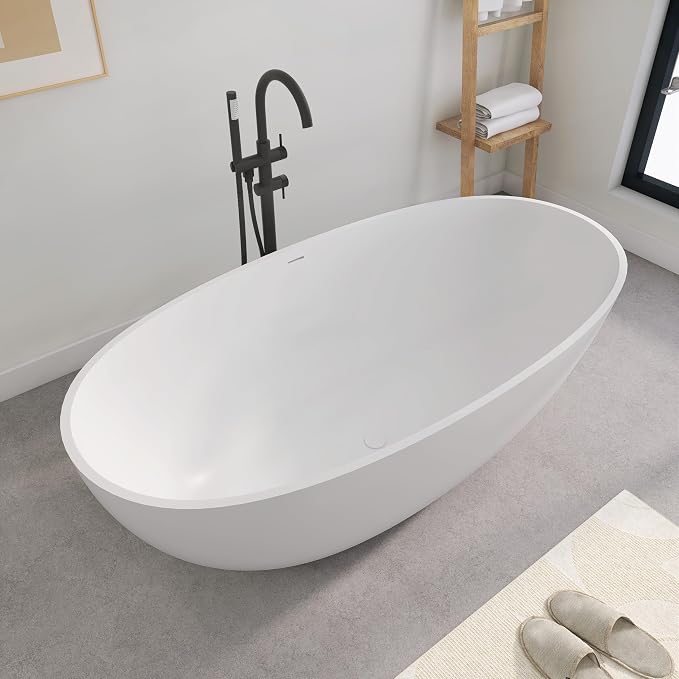 SJ STAR&JANE 61" Solid Surface Freestanding Bathtub, Oval Soaking Tub - Image 2