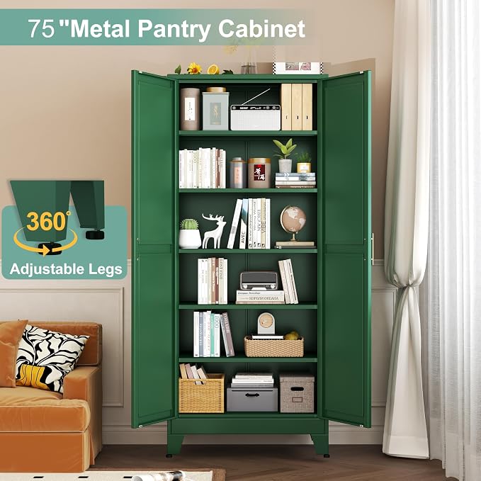 Metal Pantry Cabinet with 2 Doors and 5 Adjustable Shelves, Versatile Storage - Image 5