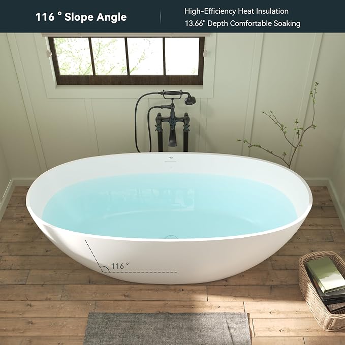 FerdY Goa 67" Resin Stone Freestanding Bathtub, Elegant Oval Freestanding - Image 4