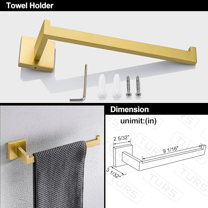 TURS 5-Pieces Bathroom Hardware Accessories Set Stainless Steel Brushed Gold - Image 6