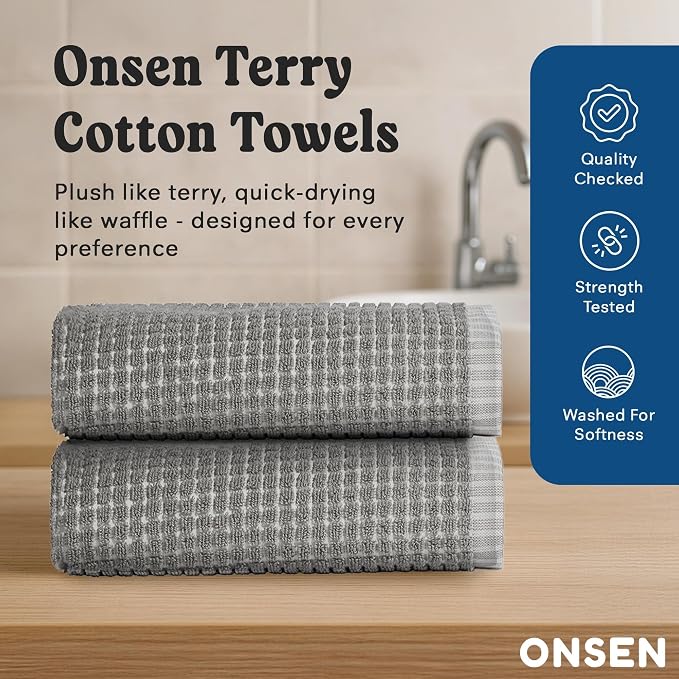 ONSEN Terry Cotton Waffle Hand Towel Set – 2 Pack Luxury Cotton Hand Towels - Image 2