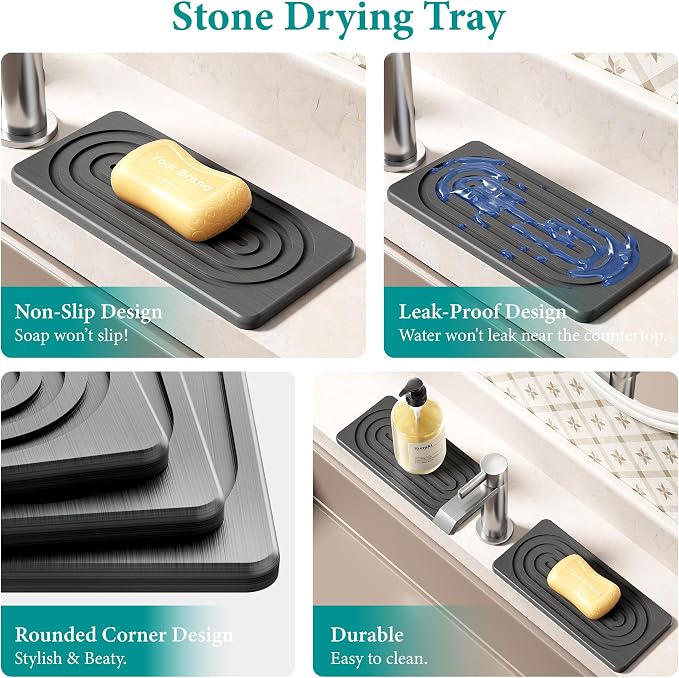Water Absorbing Stone Tray for Sink, Quick Drying Diatomite Bathroom Tray - Image 4