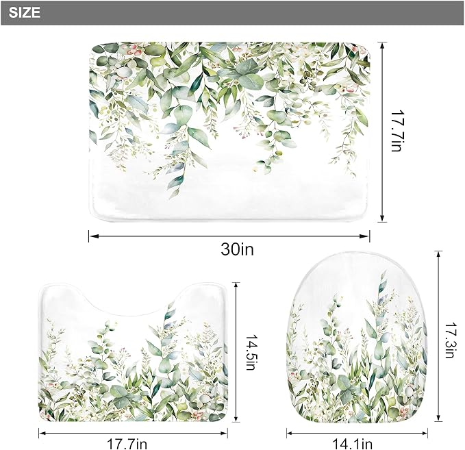 Riyidecor Green Eucalyptus 4Pcs Bathroom Shower Curtain Sets Plants Botanical - Image 4