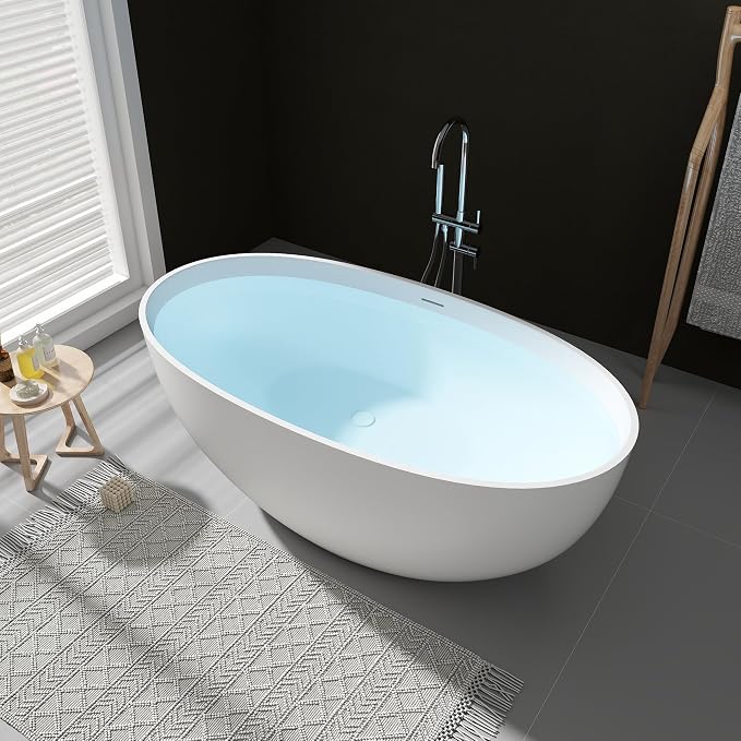 SJ STAR&JANE 55" Solid Surface Freestanding Bathtub, Stone Resin Oval Soaking - Image 2