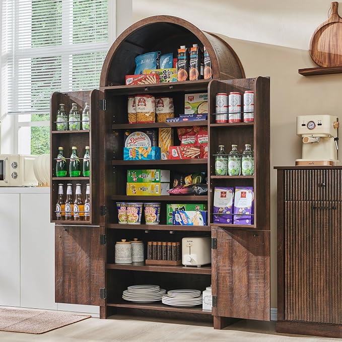 71" Tall Arched Kitchen Pantry, Modern Fluted Wood Storage Cabinet - Image 3