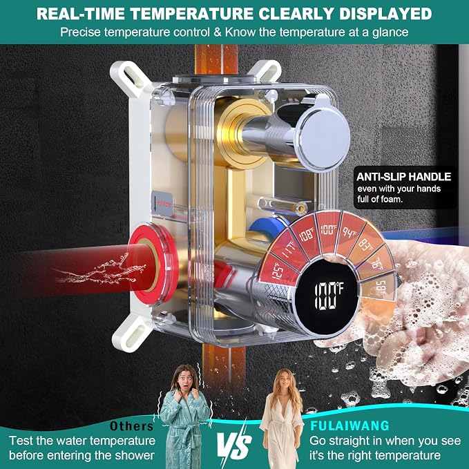Temperature Display 2 Way Shower Valve Brass Rough-in and Rectangle Trim Kit - Image 6