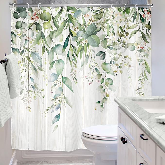 Riyidecor Sage Green Eucalyptus Leaves Shower Curtain - Image 3