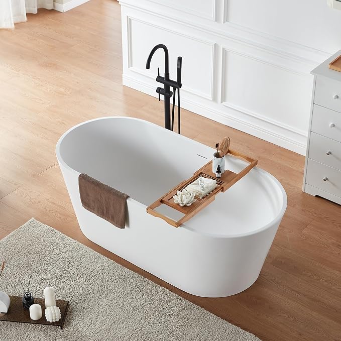 Cpingao 63" Stone Resin Freestanding Bathtub, Modern Oval Solid Surface Soaking - Image 2