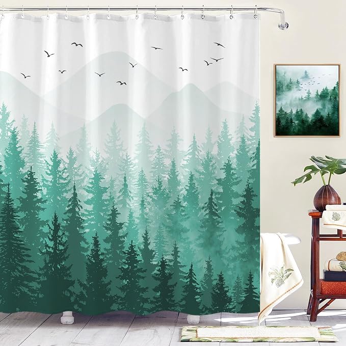 Aipon Teal Misty Forest Shower Curtain Ombre Nature Tree Plants Shower Curtains by Aipon