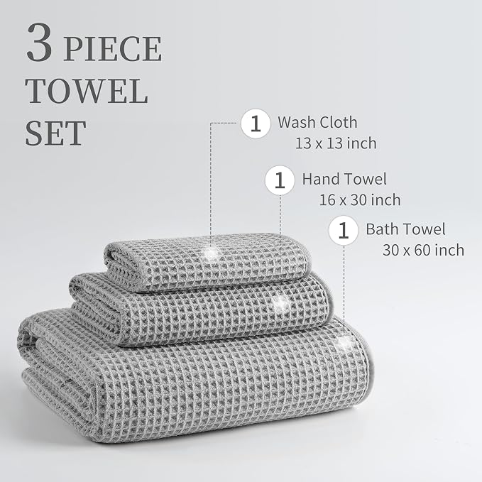 New Microfiber Waffle Bath Towels, 3 Pieces, Fast Drying, Lint Free, Includes - Image 3