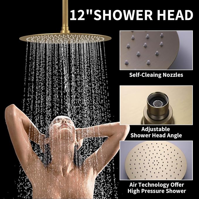 12Inch Brushed Gold Ceiling Shower System & 8Inch Wall-Mount Shower Faucet Set - Image 2