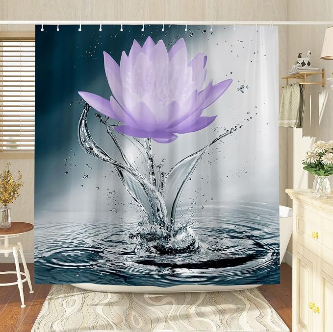 Lotus Shower Curtain Black White Blue Violet Flower Elegant Blooming Floral - Image 3