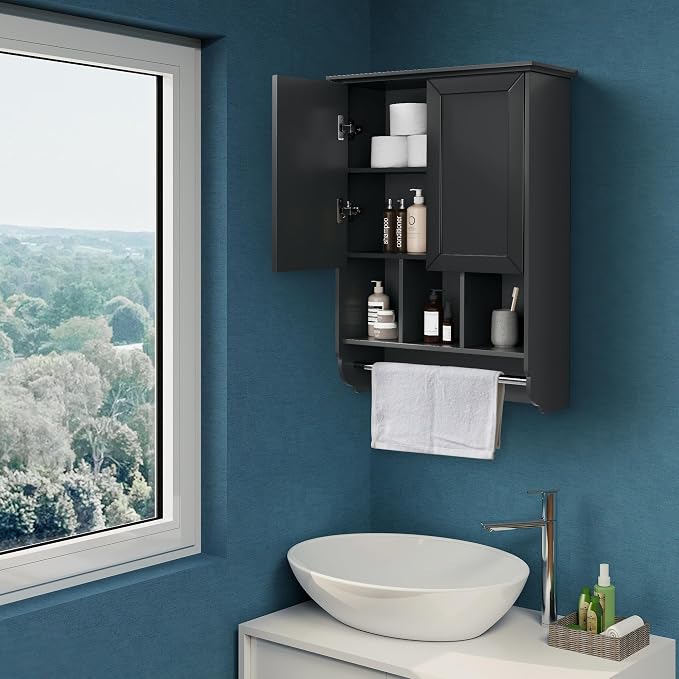 Bathroom Wall Cabinet with Towel Bar, Wooden Medicine Cabinet Adjustable Shelves - Image 7